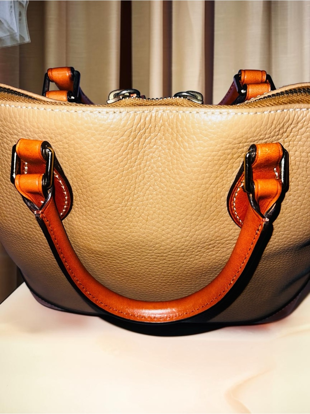 Title:Dooney & Bourke Pebble Grain Zip Zip Satchel Tan Brown Dome Bag - Picture 10 of 17